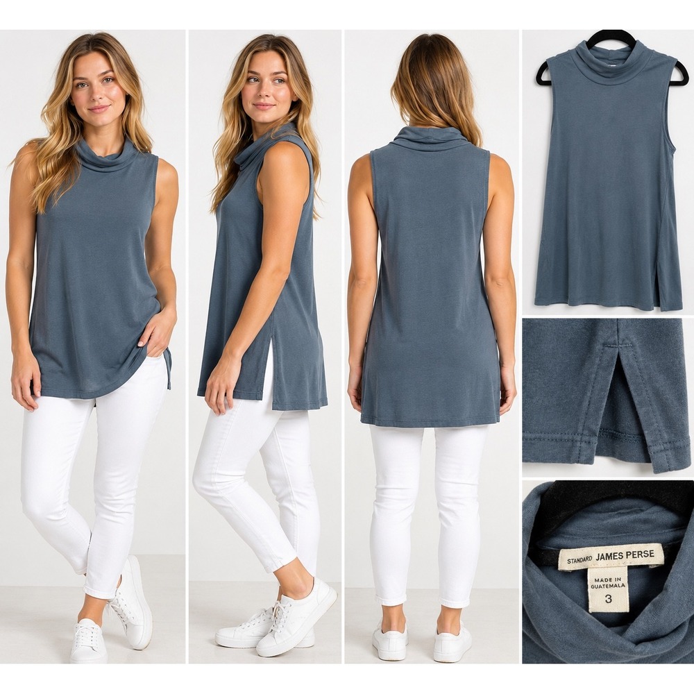 James Perse Standard Mock Neck Sleeveless Top Blue Gray WSJH3426CU Size 3 large
